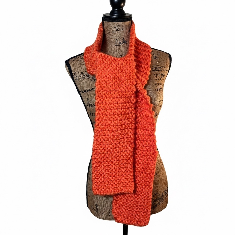 Hand Knit Orange Chunky Scarf Cozy Garter Stitch Winter Fall Warm Soft Accessory